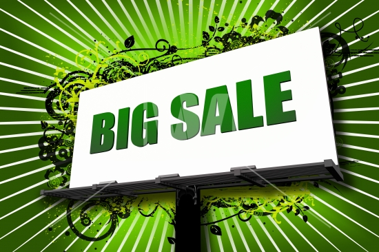 Big Sale Billboard Illustration with Cool Ornament Green Background/. White Background Rays and Green "Big Sale" Letters. City Billboard  - Urban Theme